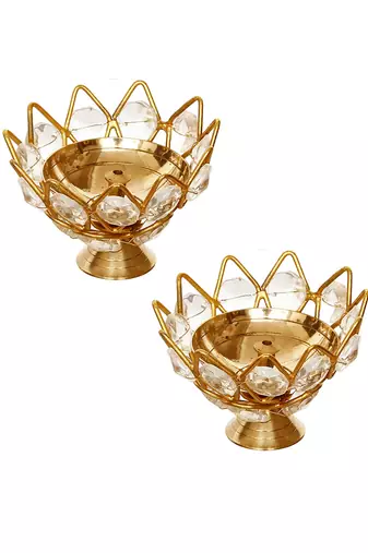 One set of 2 lotus shape crystal golden brass diyas