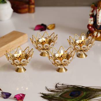 One set of 2 lotus shape crystal golden brass diyas 4