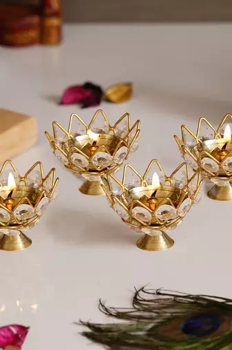 One set of 2 lotus shape crystal golden brass diyas