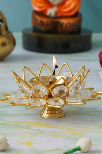 1 golden lotus shaped crystal brass diya