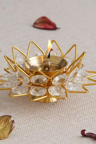 1 golden lotus shaped crystal brass diya