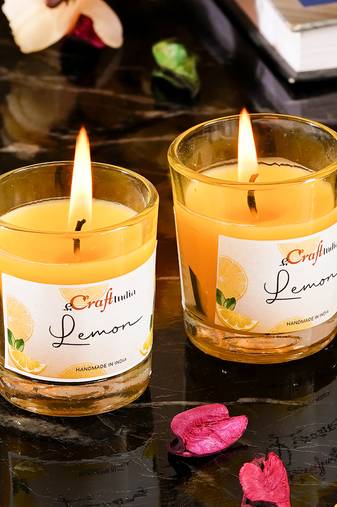 One set of 2 lemon scented glass candle