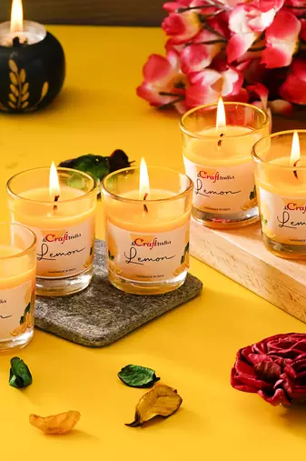 One set of 5 lemon scented glass candle