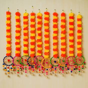 Pack of 10 artificial marigold flowers hangings with bangles ringing bells 1