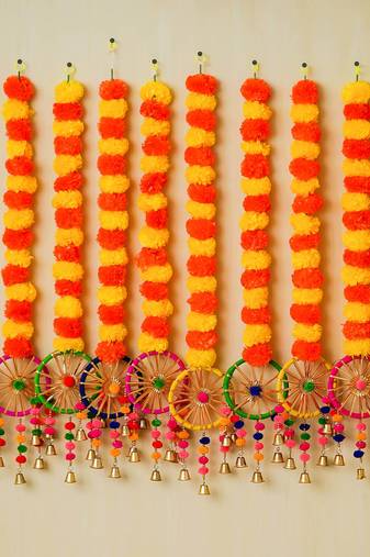 Pack of 10 artificial marigold flowers hangings with bangles ringing bells