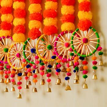 Pack of 10 artificial marigold flowers hangings with bangles ringing bells 2