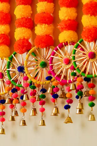 Pack of 10 artificial marigold flowers hangings with bangles ringing bells