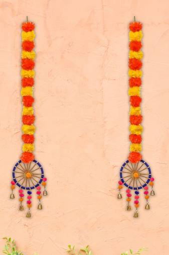 Pack of 2 artificial marigold flowers hangings with bangles ringing bells