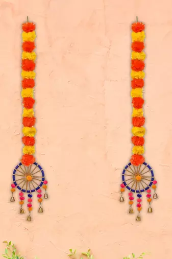 Pack of 2 artificial marigold flowers hangings with bangles ringing bells