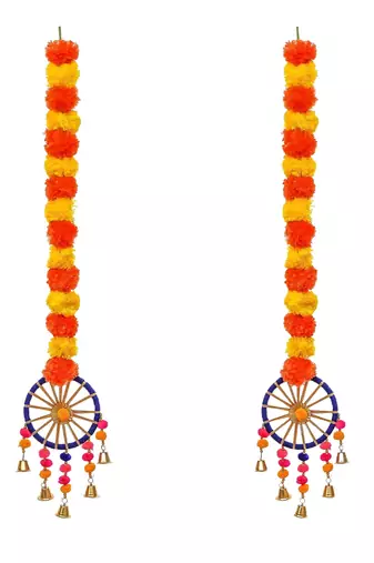Pack of 2 artificial marigold flowers hangings with bangles ringing bells