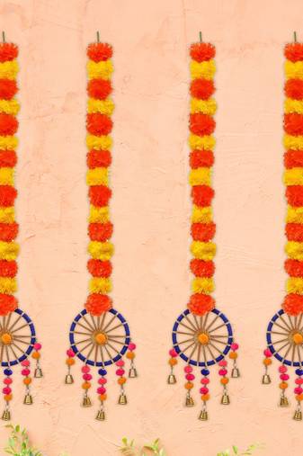 Pack of 4 artificial marigold flowers hangings with bangles ringing bells