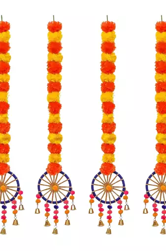 Pack of 4 artificial marigold flowers hangings with bangles ringing bells