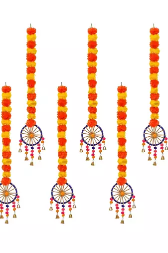 Pack of 8 artificial marigold flowers hangings with bangles ringing bells