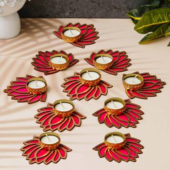 Set of 10 golden & pink lotus flower decorative tea light candle holders 1