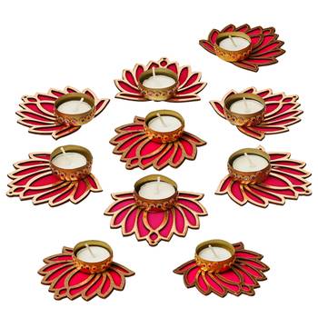 Set of 10 golden & pink lotus flower decorative tea light candle holders 2