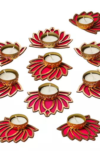 Set of 10 golden & pink lotus flower decorative tea light candle holders