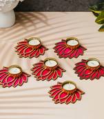 Set of 6 golden & pink lotus flower decorative tea light candle holders