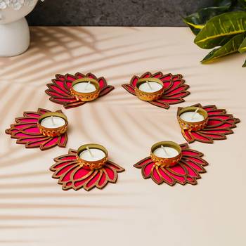 Set of 6 golden & pink lotus flower decorative tea light candle holders 2
