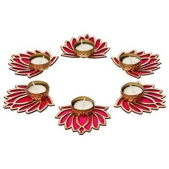 Set of 6 golden & pink lotus flower decorative tea light candle holders 4
