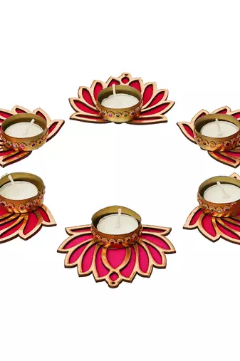 Set of 6 golden & pink lotus flower decorative tea light candle holders