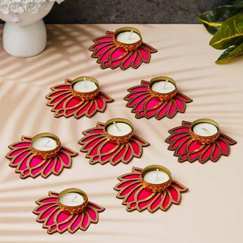 Set of 7 golden & pink lotus flower decorative tea light candle holders 1