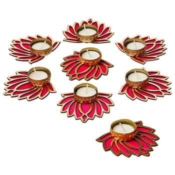 Set of 7 golden & pink lotus flower decorative tea light candle holders 2