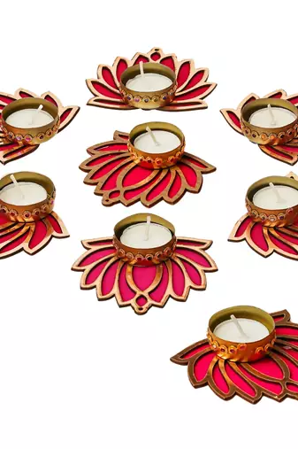 Set of 7 golden & pink lotus flower decorative tea light candle holders
