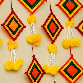 Pack of 10 artificial marigold flowers with colorful woolen kite hangings 2