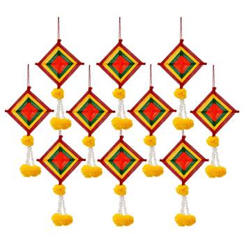 Pack of 10 artificial marigold flowers with colorful woolen kite hangings 3