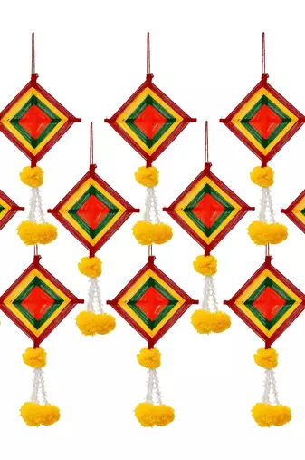 Pack of 10 artificial marigold flowers with colorful woolen kite hangings