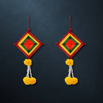 Pack of 2 artificial marigold flowers with colorful woolen kite hangings 1