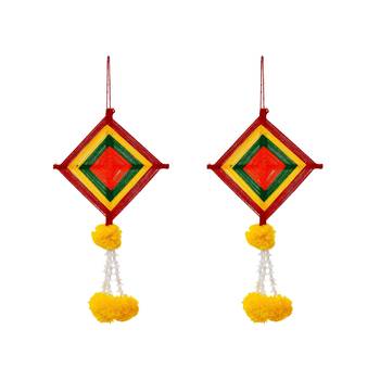 Pack of 2 artificial marigold flowers with colorful woolen kite hangings 2