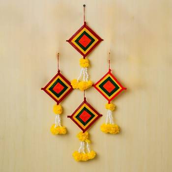 Pack of 4 artificial marigold flowers with colorful woolen kite hangings 1