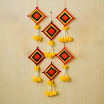 Pack of 6 artificial marigold flowers with colorful woolen kite hangings 1