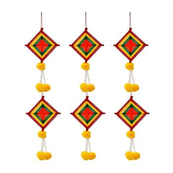 Pack of 6 artificial marigold flowers with colorful woolen kite hangings 2