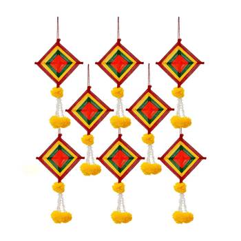 Pack of 8 artificial marigold flowers with colorful woolen kite hangings 2