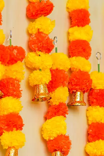 Pack of 10 artificial marigold flower garland with bells wall hanging