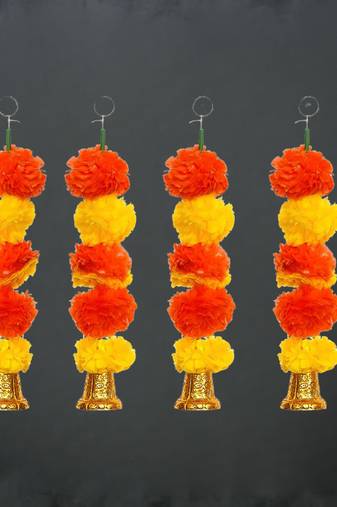 Pack of 4 artificial marigold flower garland with bells wall hanging