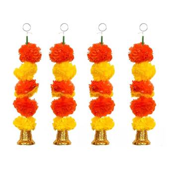 Pack of 4 artificial marigold flower garland with bells wall hanging 2