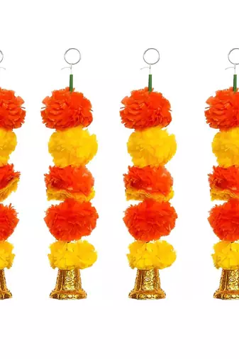 Pack of 4 artificial marigold flower garland with bells wall hanging