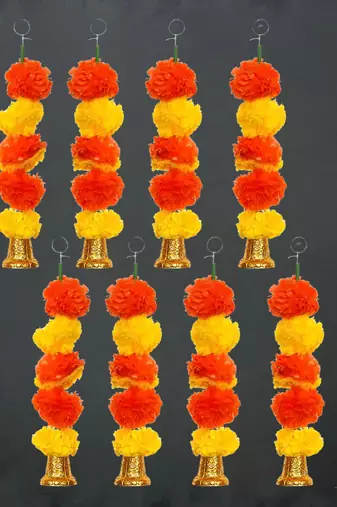 Pack of 8 artificial marigold flower garland with bells wall hanging
