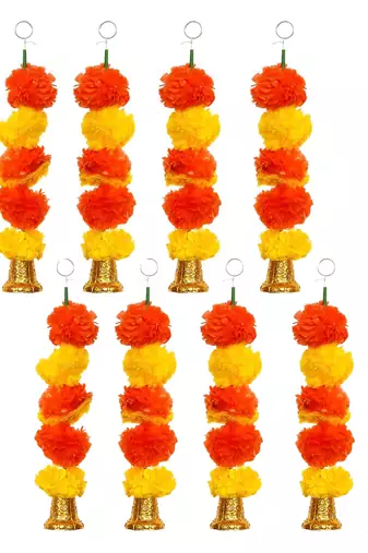 Pack of 8 artificial marigold flower garland with bells wall hanging