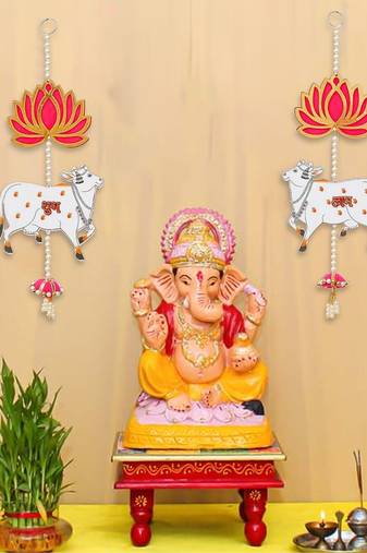 One lotus, cow, pink tassel style shubh labh hanging for diwali
