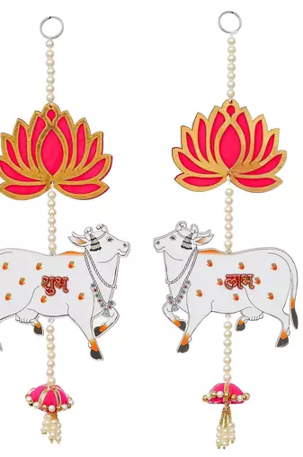 One lotus, cow, pink tassel style shubh labh hanging for diwali