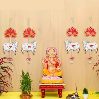 Pack of 2 lotus, cow, pink tassel style shubh labh hanging for diwali 1