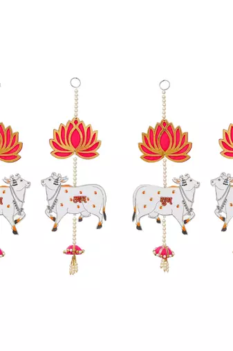 Pack of 2 lotus, cow, pink tassel style shubh labh hanging for diwali