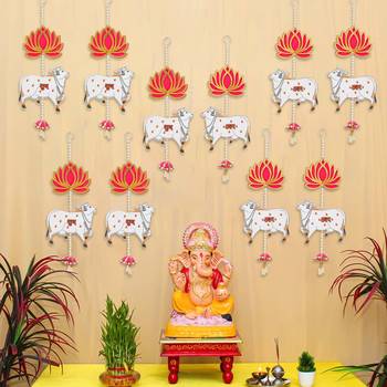 Pack of 5 lotus, cow, pink tassel style shubh labh hanging for diwali 1