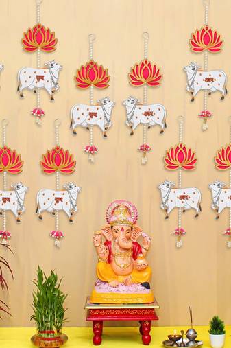 Pack of 5 lotus, cow, pink tassel style shubh labh hanging for diwali