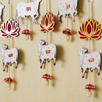 Pack of 5 lotus, cow, pink tassel style shubh labh hanging for diwali 2