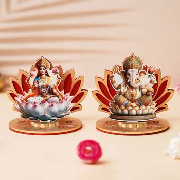 Set of 2 mdf wooden lakshmi ganesha sitting on lotus flower decorative showpieces 1